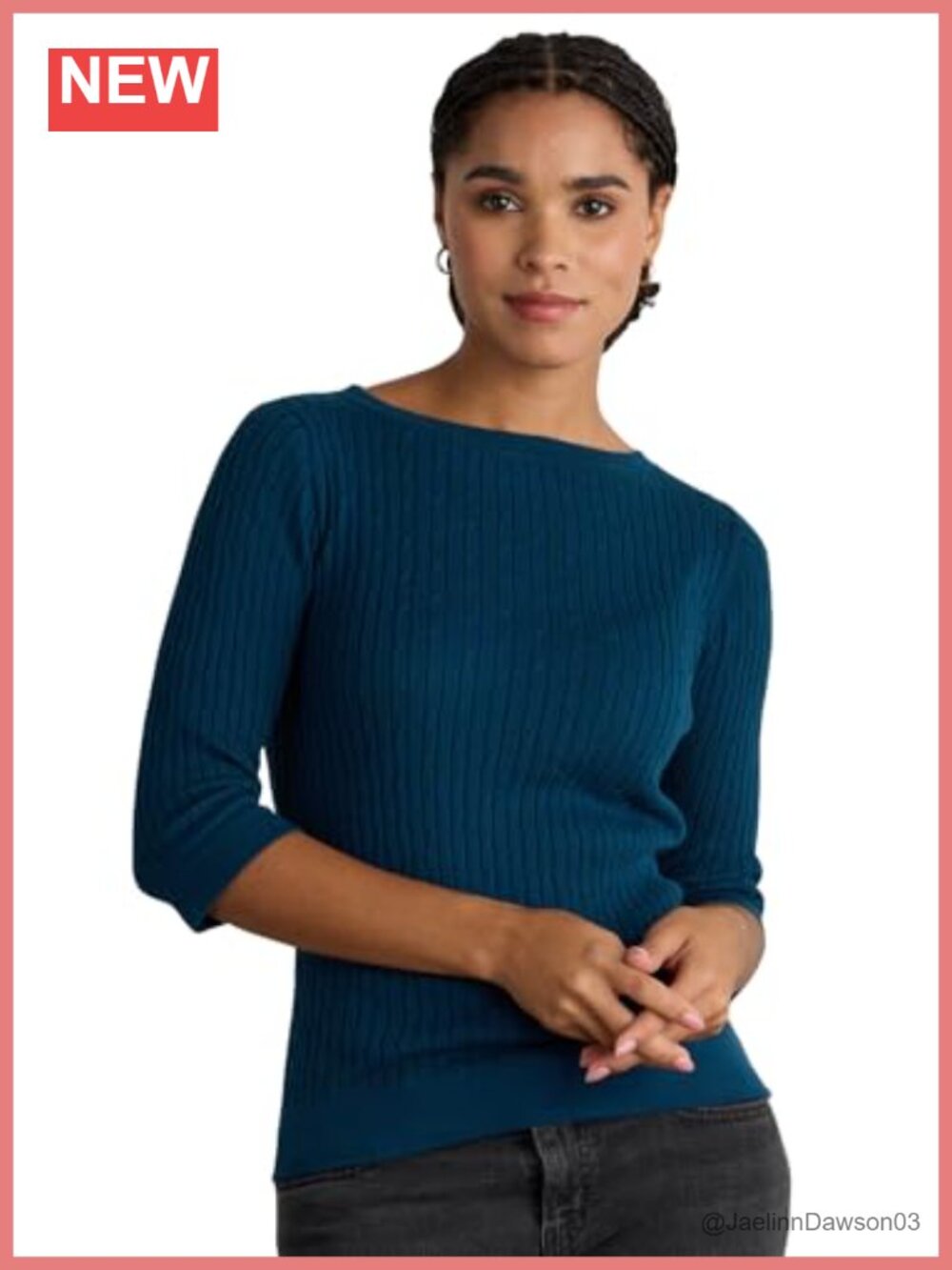 Organic Cotton Cable Knit Boat Neck Pullover Sweater 3/4 Sleeve